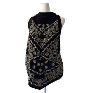 Boston Proper Black Velvet & Gold Embroidered Stretchy Sleeveless Halter Top
